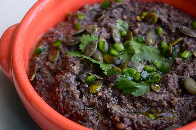 Mexican Black Bean and Sunflower Seed Dip close up.