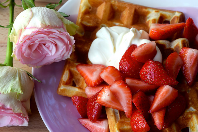 Buttermilk Waffles with Rose Syrup Strawberries & Crème Fraîche | www.rachelphipps.com @rachelphipps