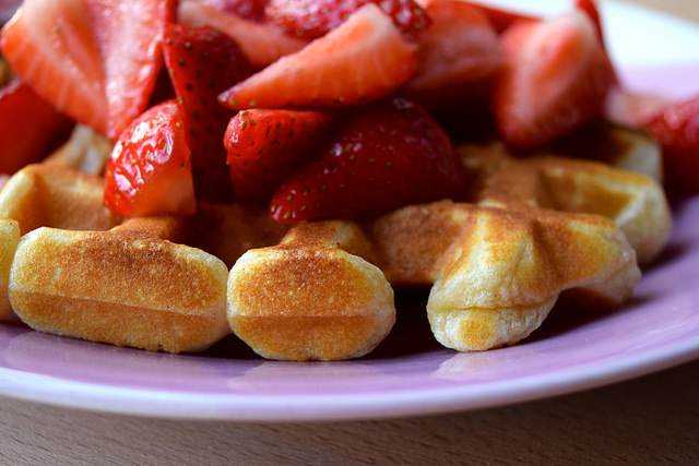 Valentines Waffles with Rose Soaked Syrup Strawberries & Crème Fraîche | www.rachelphipps.com @rachelphipps