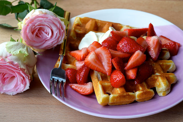 Waffles with Rose Syrup Strawberries & Crème Fraîche | www.rachelphipps.com @rachelphipps