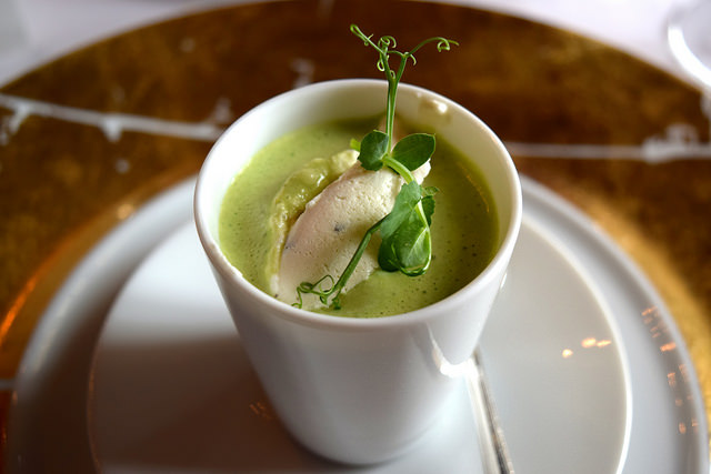 Green Pea Soup with Truffle Cream at Chateau de la Treyne | www.rachelphipps.com @rachelphipps
