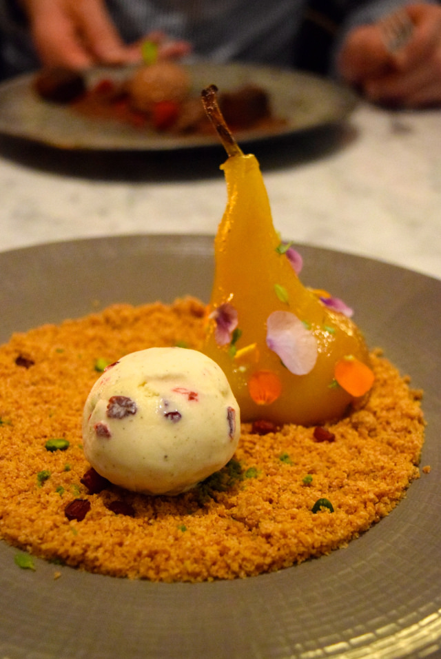 Chilli & Thyme Poached Pear with Pistachio Crumble and Barberry Ice Cream | www.rachelphipps.com @rachelphipps