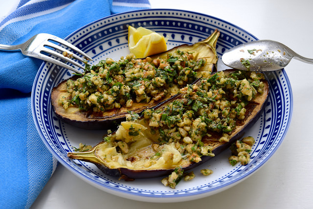 Lunchtime Roast Aubergine with Anchovy, Walnuts and Parsley | www.rachelphipps.com @rachelphipps