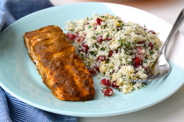 Quick Curried Salmon with Cauliflower Tabbouleh with Funky Elephant Curry Paste | www.rachelphipps.com @rachelphipps