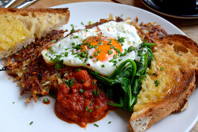 Potato Hash with Confit Duck, Fried Egg, Spinach & Tomato Relish at Evelyn's, Manchester | www.rachelphipps.com @rachelphipps