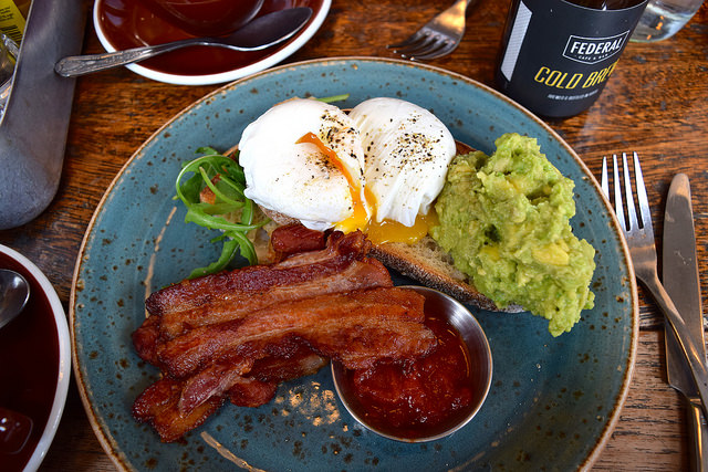 Poached Eggs, Bacon, Avocado, Tomato Relish & Sourdough at Federal Bar & Cafe, Manchester | www.rachelphipps.com @rachelphipps