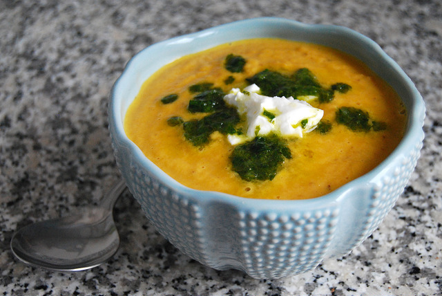 Spicy Carrot Soup with Greek Yogurt and Coriander Lime Oil #soup #carrot #coriander #meatfree