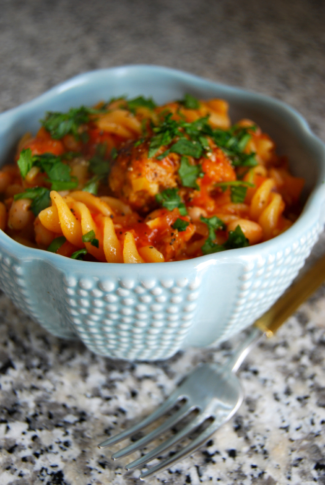 Sausage Meatball and White Bean Stew #stew #onepot #meatball #sausage #pasta #beans
