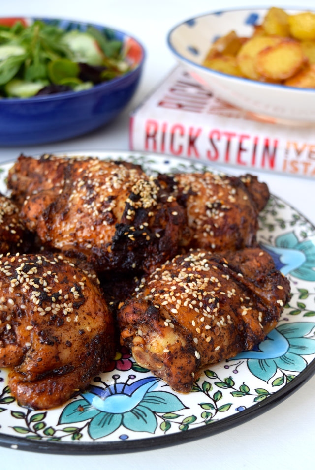Oven-roasted Chicken with Sumac, Pomegranate Molasses, Chilli and Sesame Seeds #chicken #middleeastern #turkish #rickstein #dinner #chickenthighs
