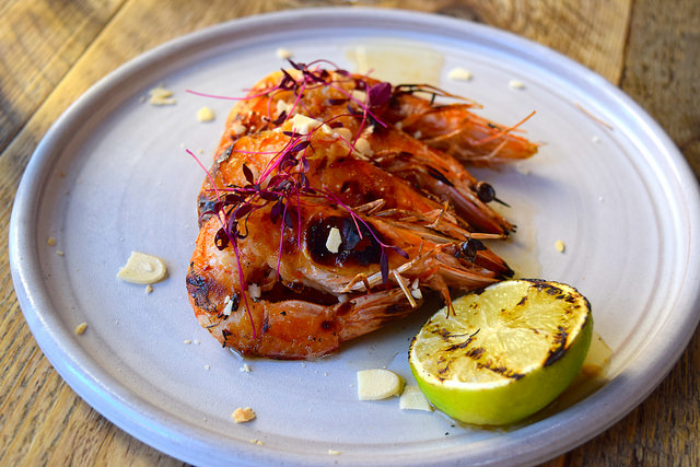 Grilled Prawns with Toasted Almonds and Yuzu Dressing at Chicama, Chelsea