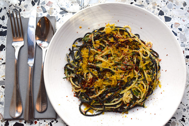 Crab, Chilli Agretti, Black and White Spaghetti & Bottarga at Pastaio, Soho #pasta #pastaio #london