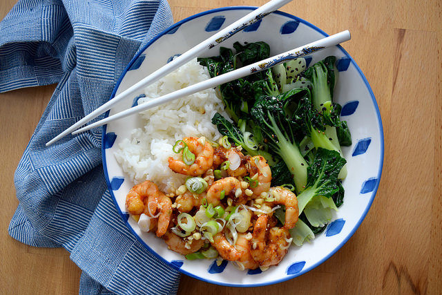 Korean Prawn Rice Bowl with Sesame Pak Choi #korean #prawns #shrimp #rice #ricebowl #bowlfood #sesame #pakchoi