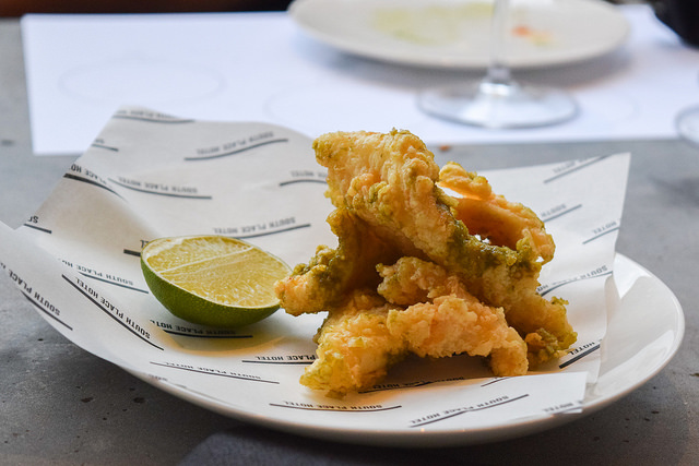 Crispy Cornish Squid with Green Peppercorn and Ginger at Angler, Moorgate #nyetimber #englishsparklingwine #london #wineterrace #bar