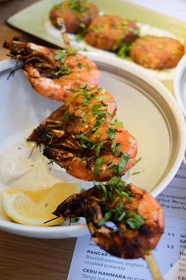 Grilled Garlic Prawns with Lime and Coriander Labneh at Ceru, Soho