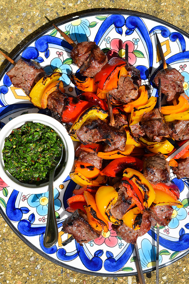 Barbecue Steak Skewers with Chimichurri Sauce #barbecue #grilling #steak #skewers #kabobs #chimichurri