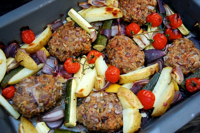 Greek Lamb Pattie & Vegetable Tray Bake close up.