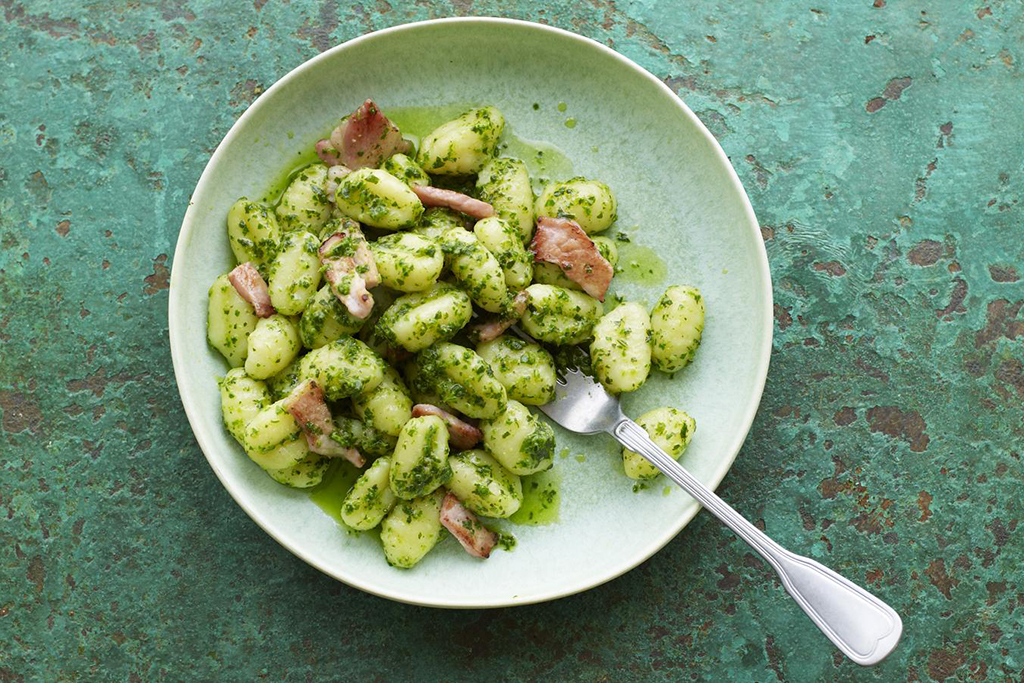 Student Suppers Gnocchi with Crispy Bacon & Spinach Pesto Rachel Phipps