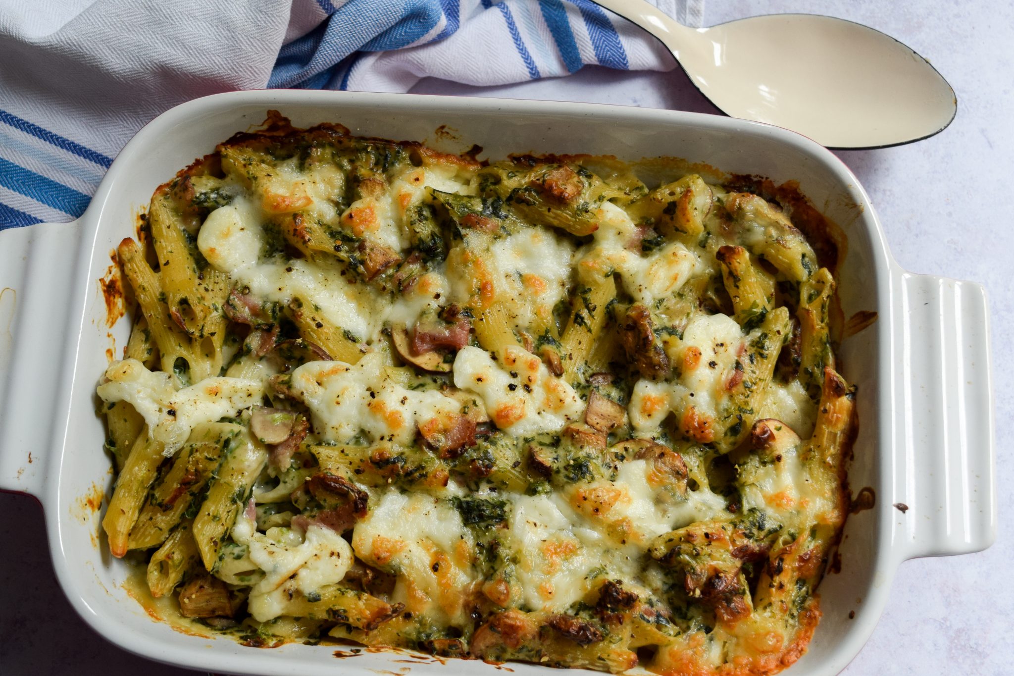 Creamy Bacon Pasta Bake with Mushrooms & Spinach | Rachel Phipps