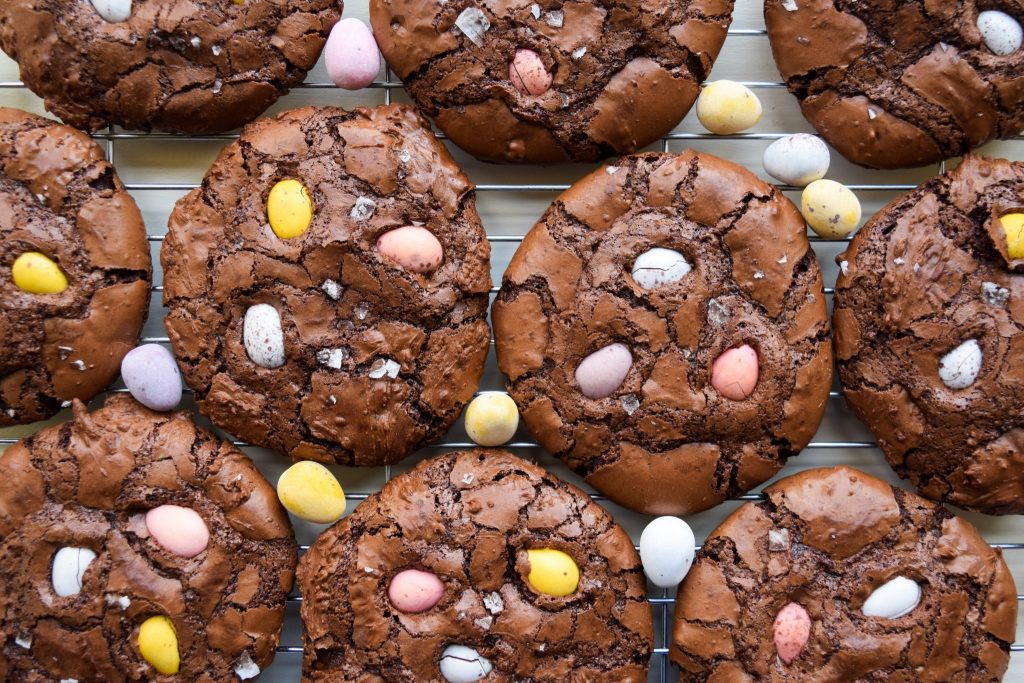 Close up of gluten-free chocolate Easter cookies on a cooling rack.