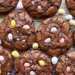 Close up of gluten-free chocolate Easter cookies on a cooling rack.