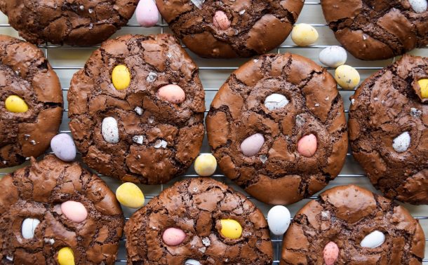 Close up of gluten-free chocolate Easter cookies on a cooling rack.