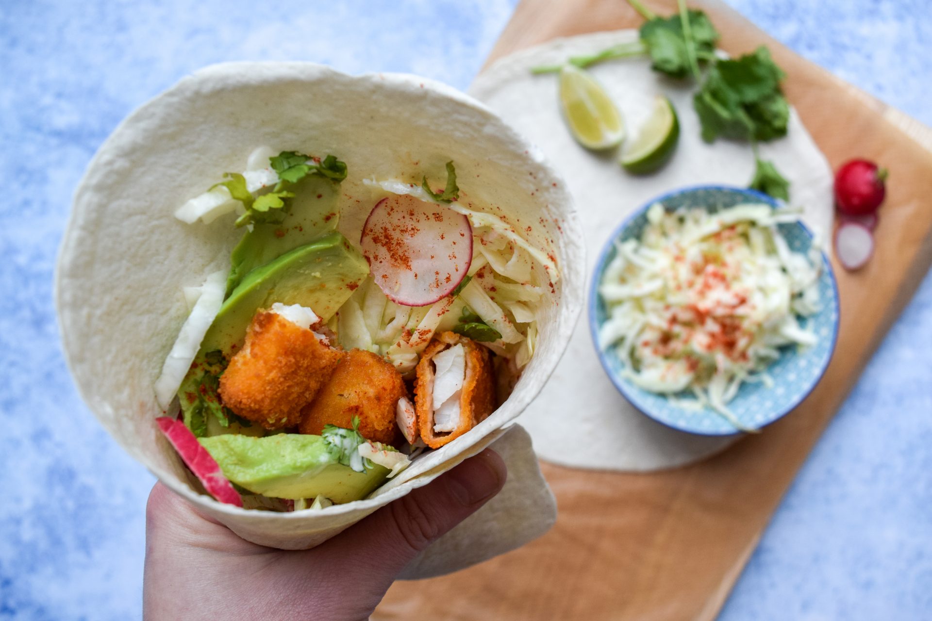 Recipe Fish Finger Taco Wraps with Lime Coleslaw Rachel Phipps