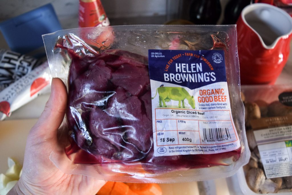 Packet of organic diced beef.