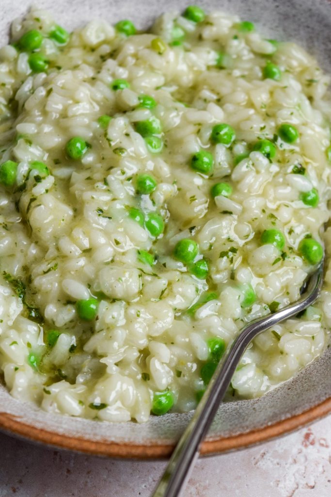 Close up of a wild garlic butter risotto.
