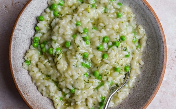 Close up of a bowl of wild garlic butter risotto.