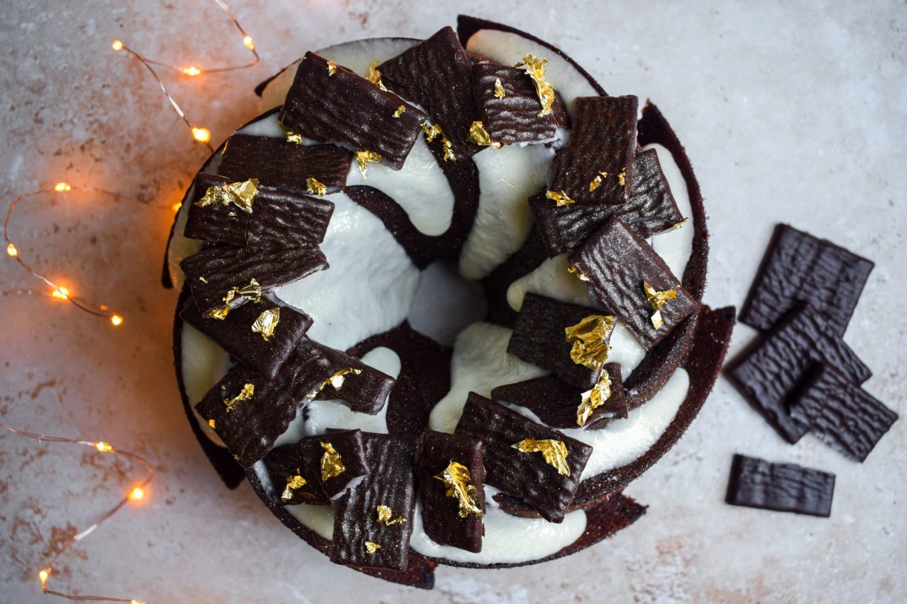 Top down view of a chocolate mint bundt cake.
