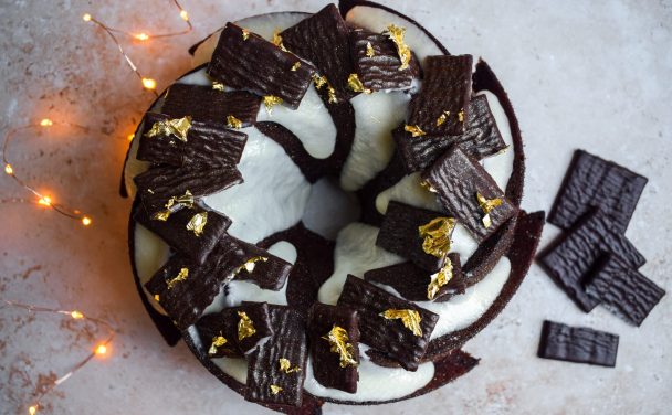 Top down view of a chocolate mint bundt cake.