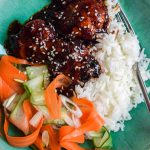 Close up of a vegetable rice bowl with Instant Pot Korean Chicken.