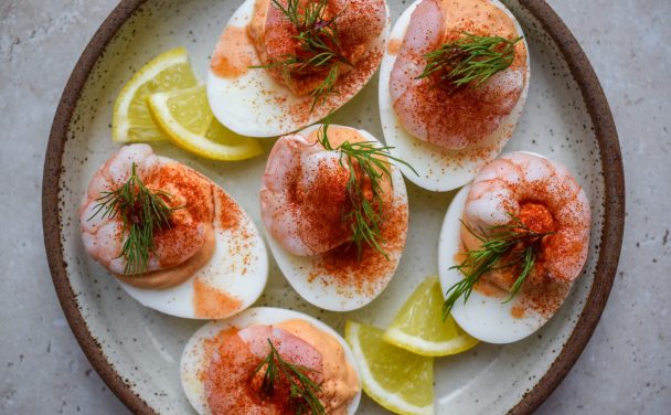 Plate of prawn cocktail devilled eggs.