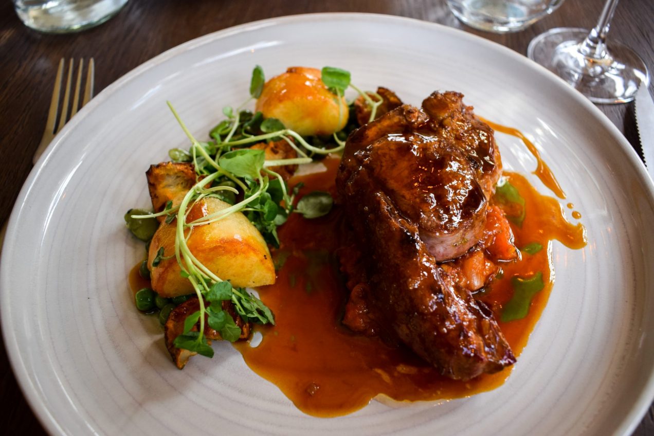 Plate of lamb and potatoes.
