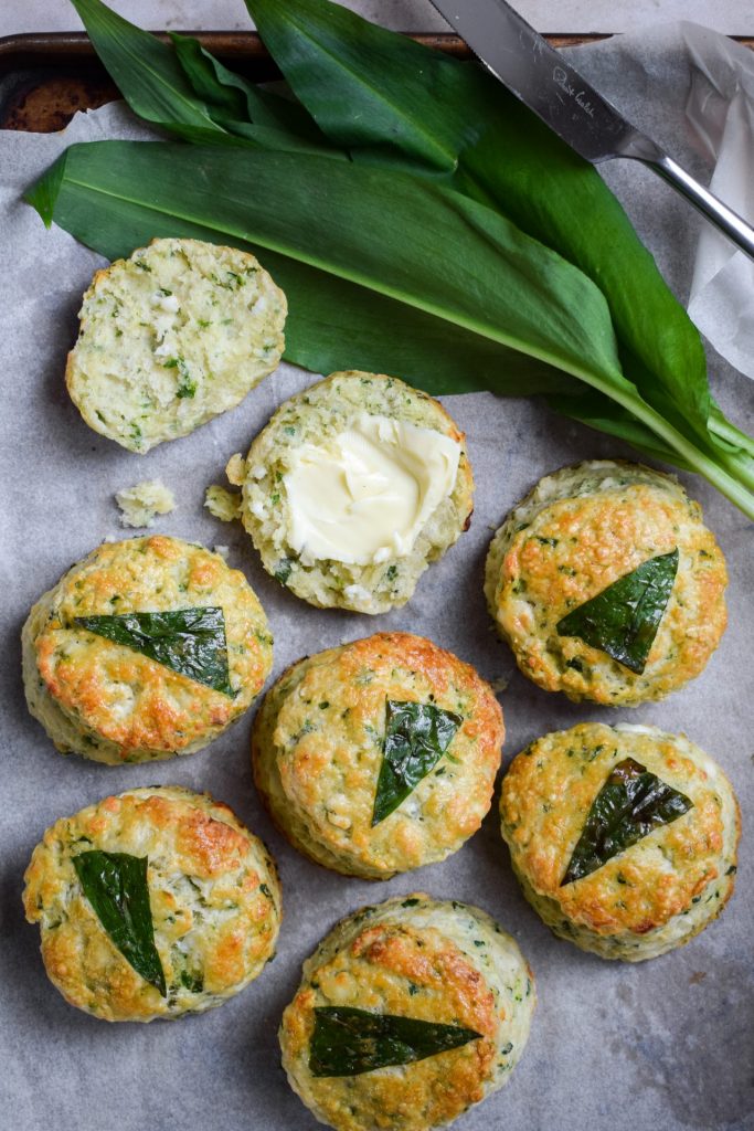 Scones decorated with triangles of wild garlic.