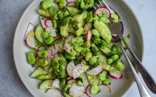 Broad bean and radish salad on a grey plate.