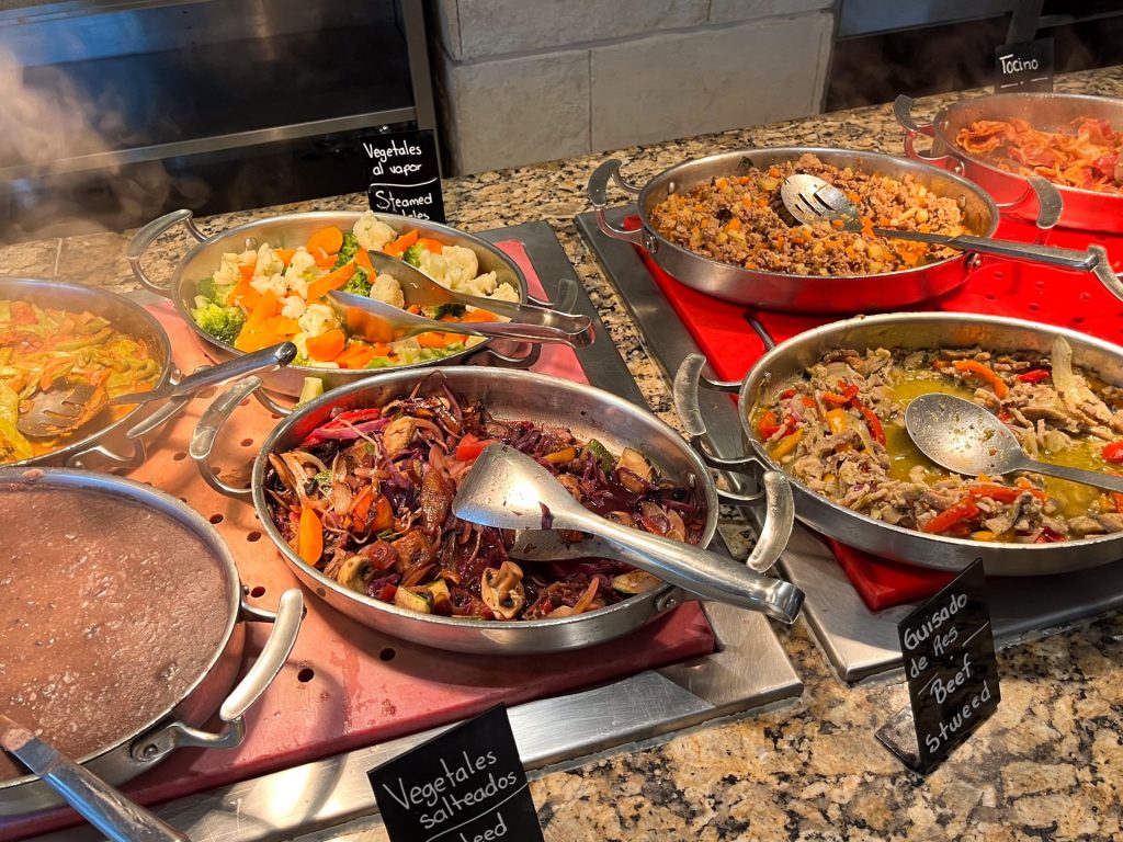 Hot buffet of South American dishes at at Haven Riviera, Cancun.