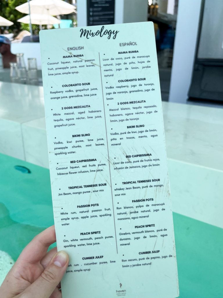 Cocktail menu by a swim up bar at at Haven Riviera, Cancun.