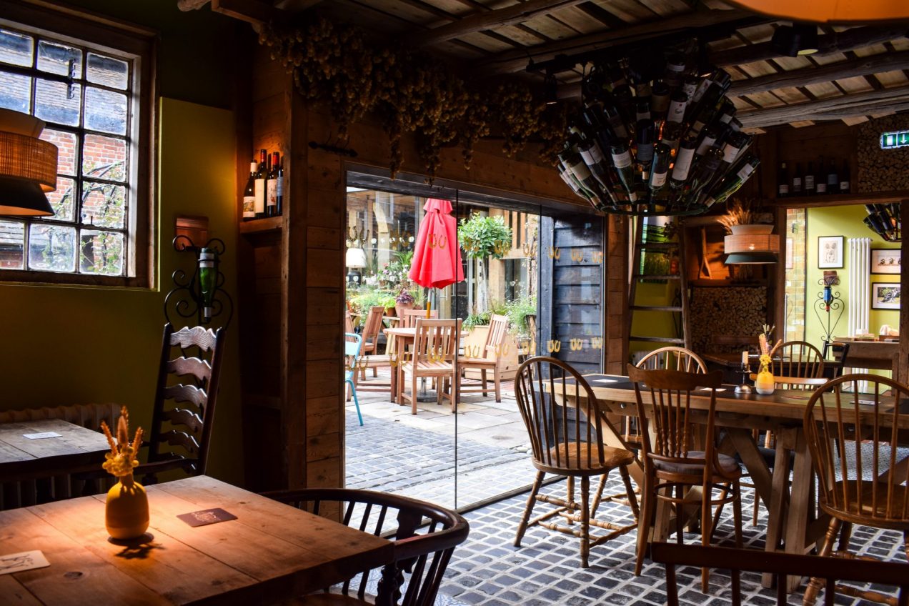Pub dining room in dark wood at The Kings Arms Elham