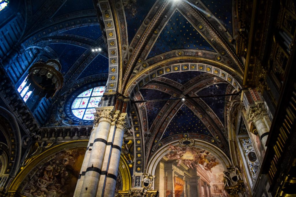 Blue and gold painted ceilings in Siena Cathedral.