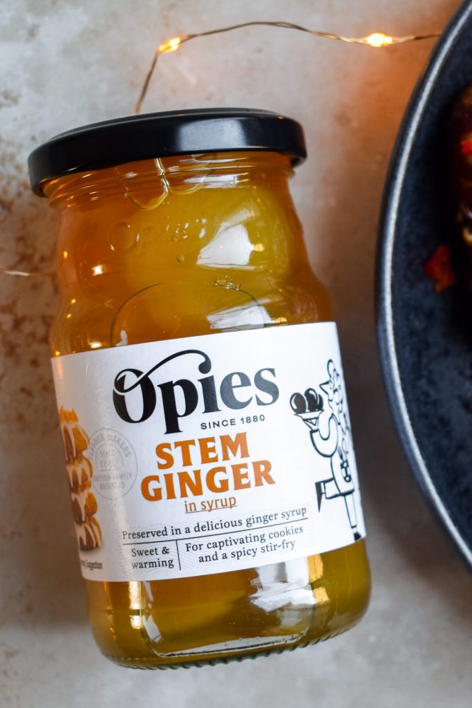 Close up on a jar of Opies stem ginger.