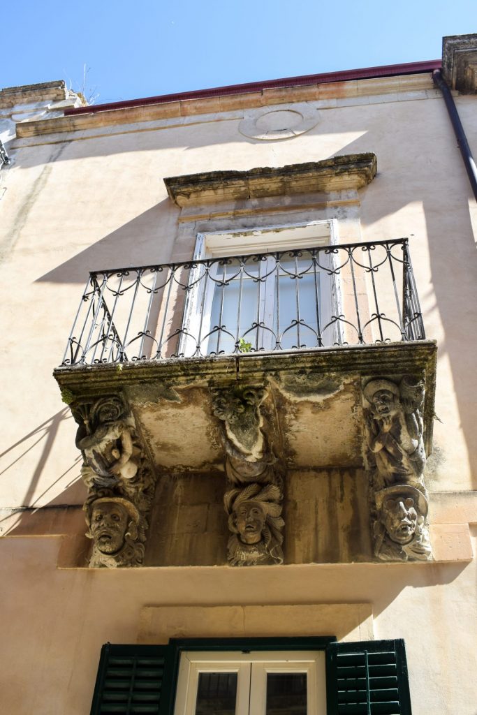 Close up of the carved balconies in Ragusa.
