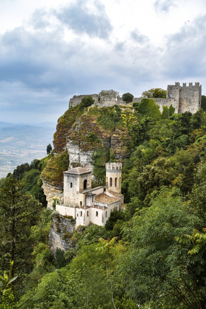 View of both the castles overlooking the bay in Erice