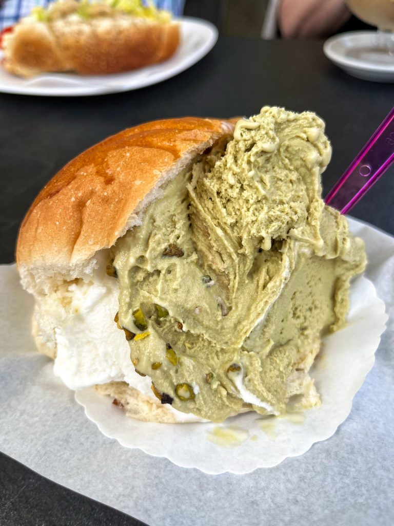 Brioche stuffed with pistachio and milk gelato.