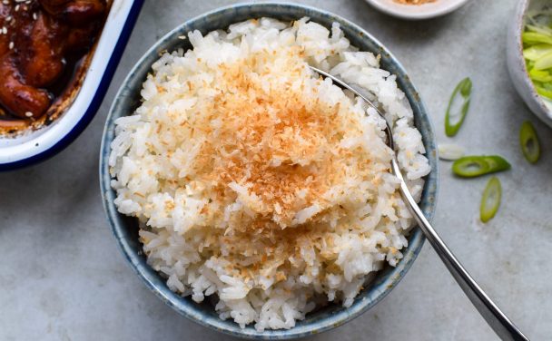 Close up of a bowl of rice topped with toasted coconut with a dish of baked chicken and sliced spring onions off to the side.