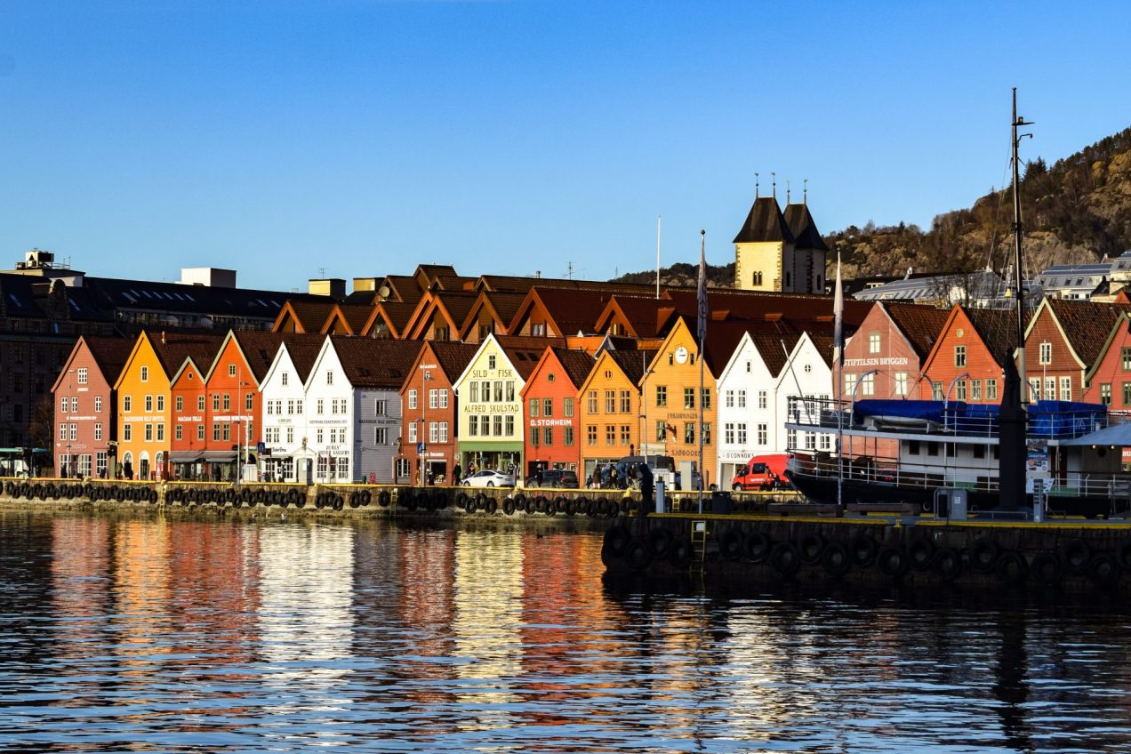 Bryggen at golden hour from across the harbour.