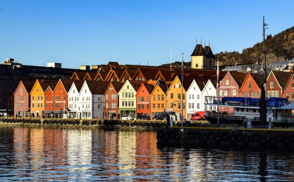 Bryggen at golden hour from across the harbour.