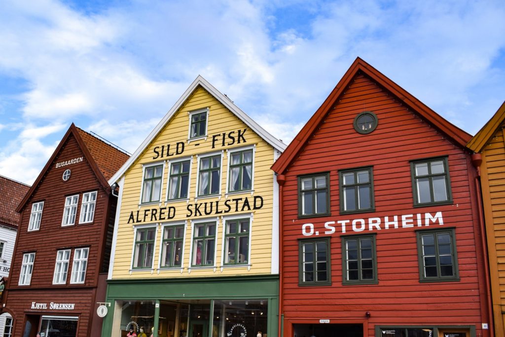 Colourful wooden shopfronts at Bryggen