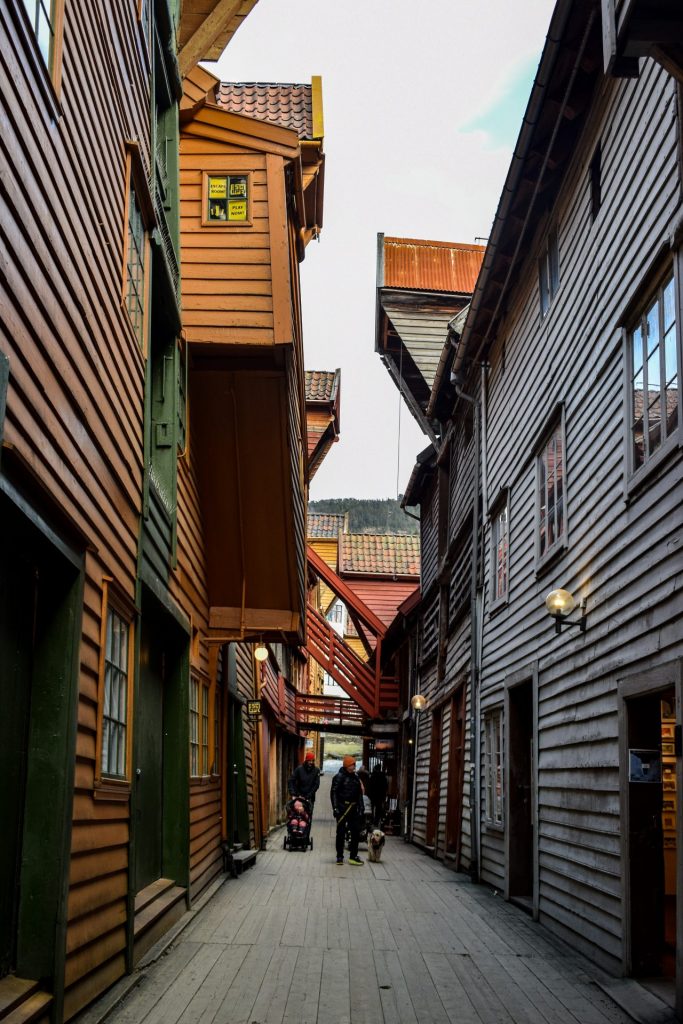 View down the wooden alleyways of Bryggen, Bergen