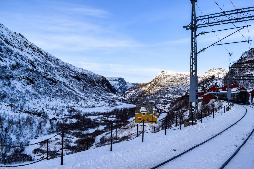 Railway platform at Myrdal station in the snow